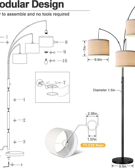 Dimmable Floor Lamp - 3 Lights Arc Floor Lamps for Living Room, 1000LM Modern Tall Standing Lamp with Beige Shades & Heavy Base, Mid Century Tree Floor Lamp for Bedroom Office, 3 LED Bulbs Included - LeafyLoom