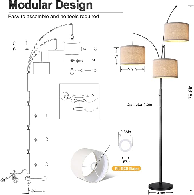 Dimmable Floor Lamp - 3 Lights Arc Floor Lamps for Living Room, 1000LM Modern Tall Standing Lamp with Beige Shades & Heavy Base, Mid Century Tree Floor Lamp for Bedroom Office, 3 LED Bulbs Included - LeafyLoom