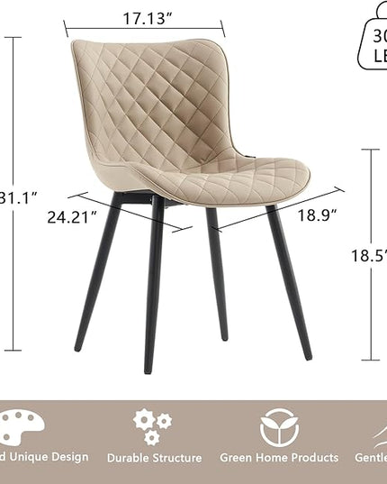 YOUTASTE Khaki Dining Chairs Set of 2 Mid Century Modern PU Leather Diamond Upholstered Accent Guest Dinner Chair with Back Metal Legs for Kitchen Living Reception Waiting Room - LeafyLoom