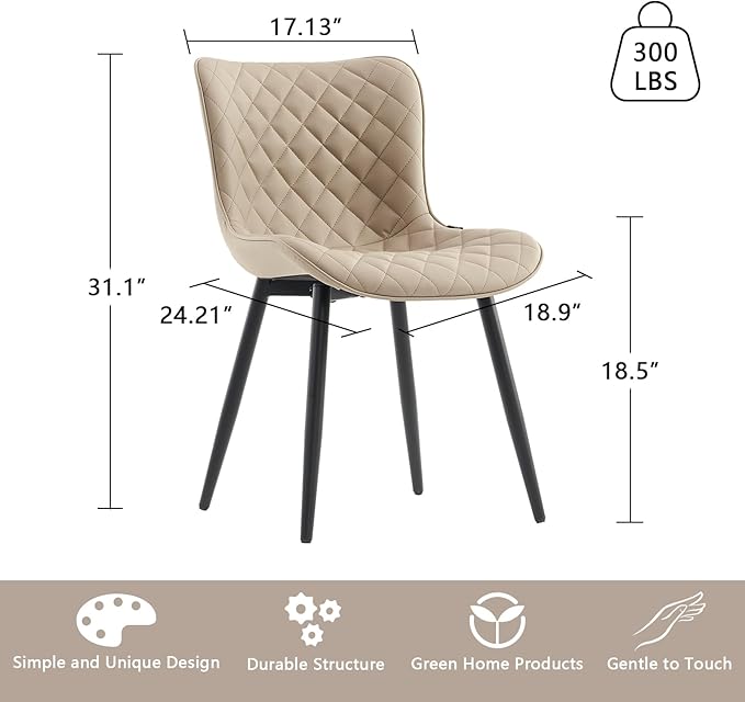 YOUTASTE Khaki Dining Chairs Set of 2 Mid Century Modern PU Leather Diamond Upholstered Accent Guest Dinner Chair with Back Metal Legs for Kitchen Living Reception Waiting Room - LeafyLoom