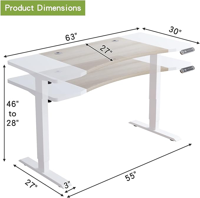 Radlove Dual Motor Height Adjustable Standing Desk, 63 x 30 Height Adjustable Computer Desk Sit Stand Desk Home Office Desks with Splice Board 265 lb Load Capacity White Frame + White Top - LeafyLoom