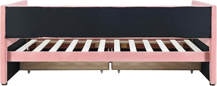 Twin Size Corduroy Daybed with 2 Storage Drawers, Day Bed with Solid Wood Slat Support for Bedroom Living Room Guestroom, No Box Spring Needed, Pink - LeafyLoom