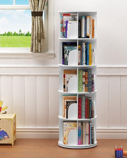 5 Tier 360° Rotating Stackable Shelves Bookshelf Organizer (White) - LeafyLoom