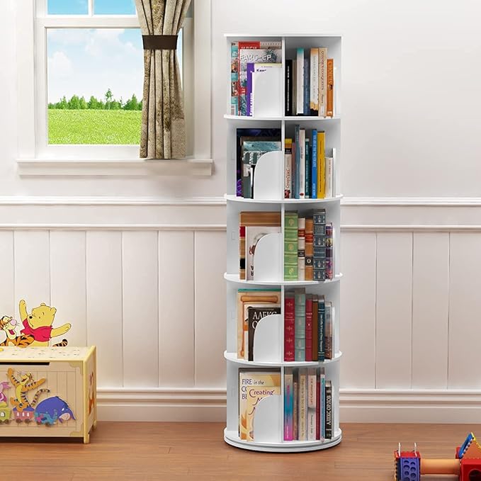 5 Tier 360° Rotating Stackable Shelves Bookshelf Organizer (White) - LeafyLoom
