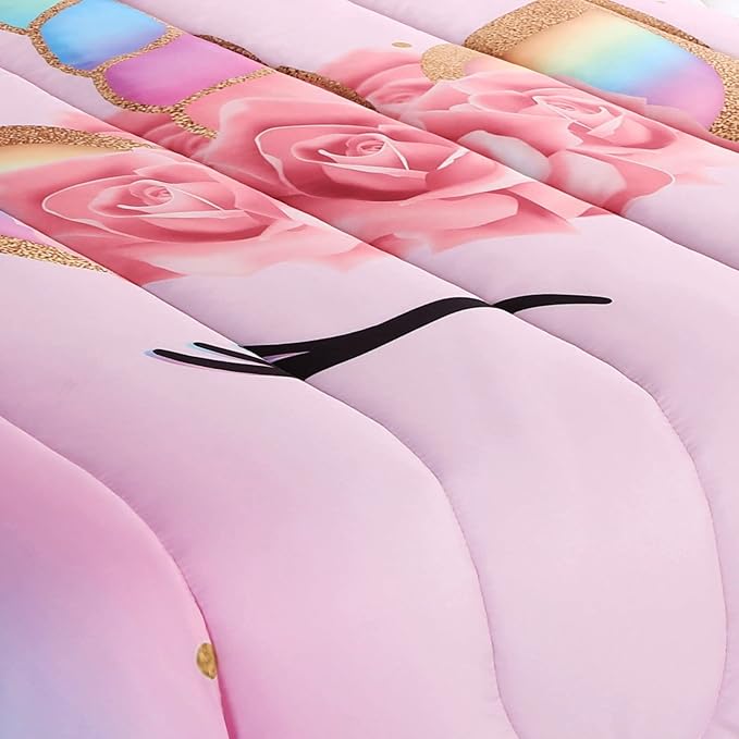 Unicorn Comforter Set Rainbow Soft Girls Unicorn Bedding with 1 Comforter 2 Pillowcases Pink Flower Unicorn Bedding Sets for Teens Girls Queen Size - LeafyLoom