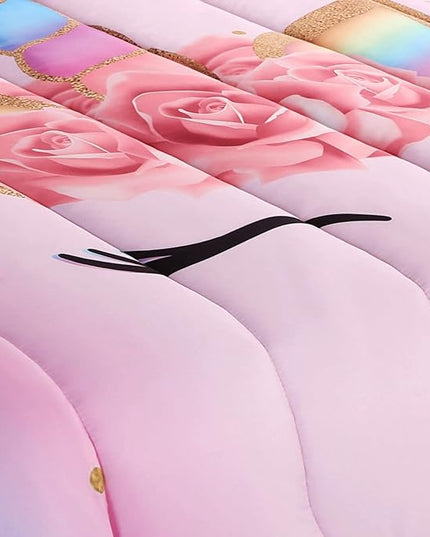Unicorn Comforter Set Rainbow Soft Girls Unicorn Bedding with 1 Comforter 2 Pillowcases Pink Flower Unicorn Bedding Sets for Girls Twin Size - LeafyLoom
