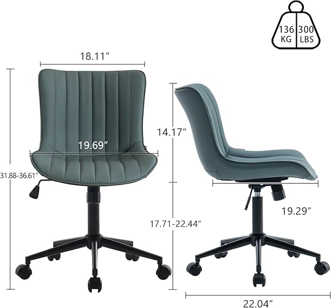 YOUNIKE Armless Office Chair Swivel Desk Chair with Wheels Upholstered Leather Computer Chair Adjustable Task Chair Modern Rolling Chair with Back, Greyish Green - LeafyLoom