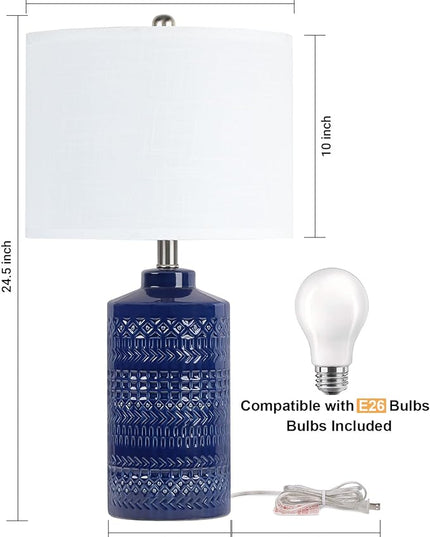 Navy Blue Table Lamp 24.5", Modern Bedside Lamp Blue Ceramic Table Lamps for Living Room 3-Way Dimmable Entryway Lamp Nightstand Lamp Farmhouse Lamp for Home Office Bedroom, Bulb Included - LeafyLoom