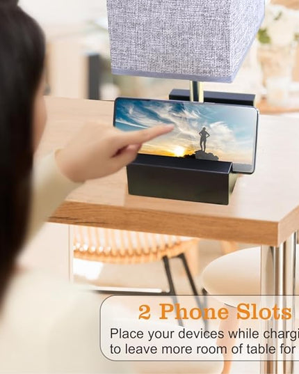 Fully Dimmable Nightstand Lamp for Bedroom with AC Outlet, Table Lamp with Two Phone Stands, Bedside Lamps, Desk Lamp for Bedroom, Living Room, LED Bulb Included Grey - LeafyLoom
