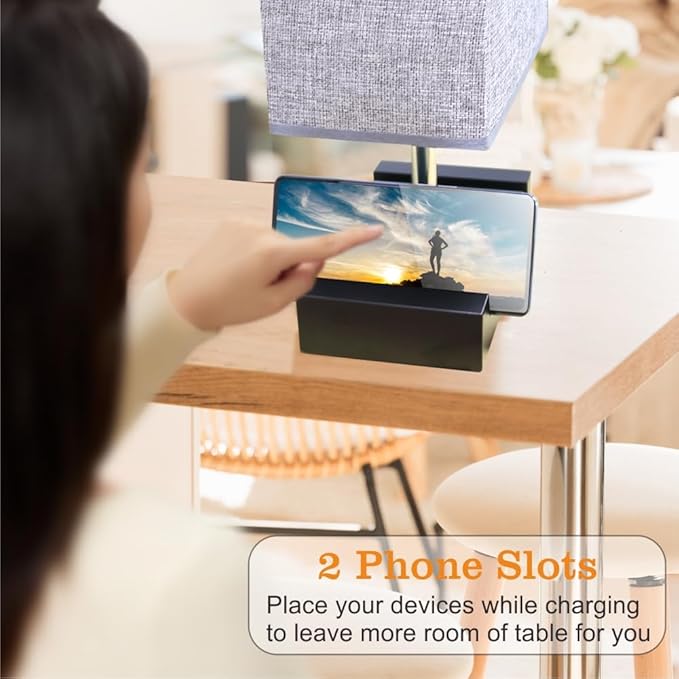 Fully Dimmable Table lamp, Lamps with Two Phone Stands and AC Outlet, Bedside Lamp with Two LED Bulb for Bedroom, Living Room,Study(Set of 2) Light Grey - LeafyLoom