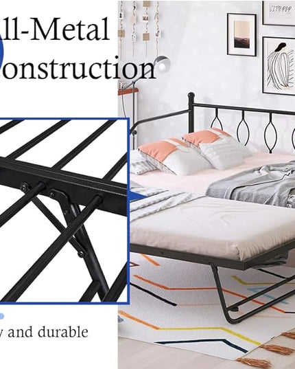 Full Daybed with Trundle, Metal Day Bed with Pull Out Trundle, Sofa Bed with Twin Size Portable Folding Trundle, Bed Frame for Bedroom, Living Room, Guest Room, Home, No Box Spring Needed, Black - LeafyLoom