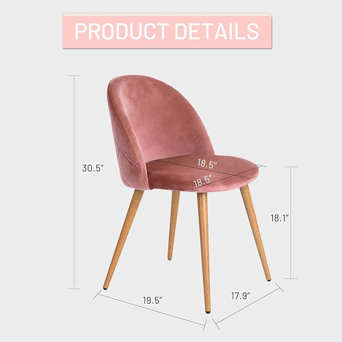 FurnitureR Upholstered Velvet Dining Chair Mid Back Armless with Wood Legs for Home Kitchen Bedroom Living Room, Set of 1, Pink - LeafyLoom