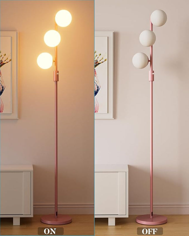 64IN Dimmable Pink Floor Lamp, Tall Standing Lamps with 3 Globe Soft Warm White Eye Care 3000K G9 Bulbs, Mid Century Modern Floor Lamp for Bedroom Office - LeafyLoom