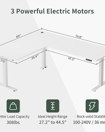 FEZIBO 75 Inches, Supports over 300mlbs,L Shaped Standing Desk Reversible, Electric Height Adjustable Corner Stand up Desk, Sit Stand Desk Computer Workstation, White Frame/White Top - LeafyLoom