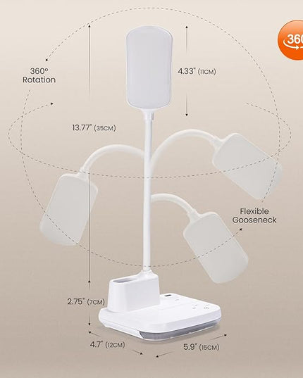 LED Rechargeable Desk Lamp, 5-in-1 Small Desk Lamp with USB Charging Port, Pen Holder, Night Light, Portable Desk Light for Home Office Student Children Kids College Dorm (White) - LeafyLoom