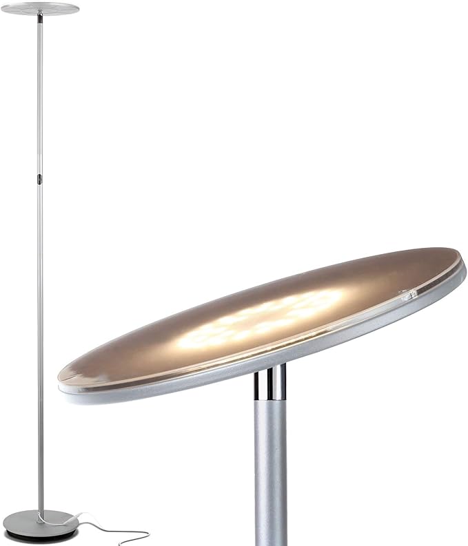 Brightech Sky LED Floor lamp, Torchiere Super Bright Floor Lamp for Living Rooms & Offices - Dimmable, Tall Standing Lamp for Bedroom Reading - Platinum Silver - LeafyLoom