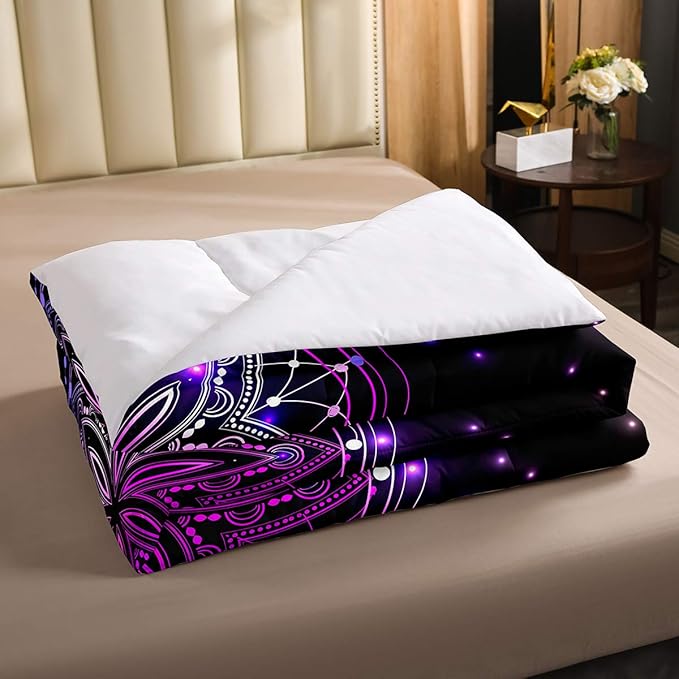 Erosebridal Dream Catcher Feather Comforter Set, Bohemian Mandala Down Comforter King Size for Kids Girls Boys, Starry Sky Galaxy Bedding Set Boho Tie Dye Exotic Flower Quilted Duvet, Purple - LeafyLoom