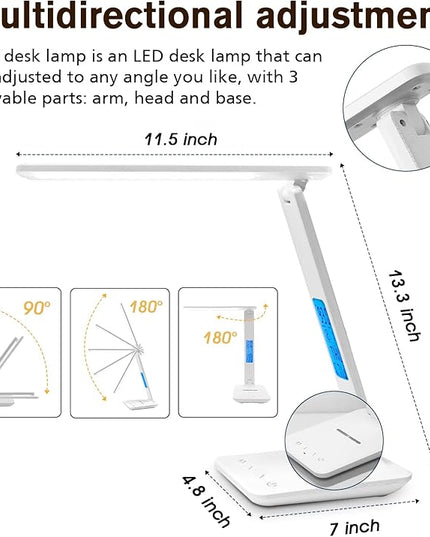 LAOPAO LED Desk Lamp with Wireless Charger, USB Charging Port, Adjustable Foldable Table Lamp with Clock, Alarm, Date, Temperature, 5-Level Dimmable Lighting, Office Lamp with Adapter, White - LeafyLoom