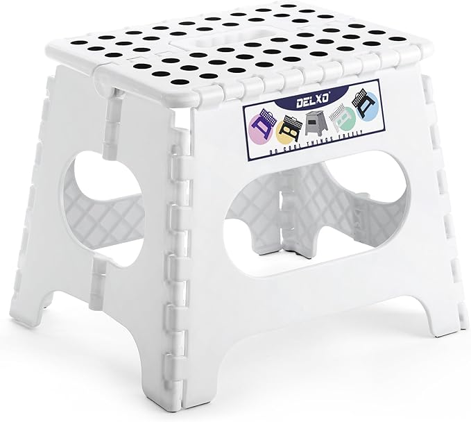 Delxo Folding Step Stool,11 Inch Non-Slip Foldable Step Stools for Kids and Adults,Portable Foldable Step Stool Lightweight Small Folding Stool with Handle for Kitchen Bathroom in White,1 Pack - LeafyLoom