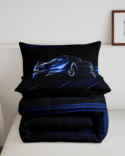 Feelyou Blue Race Car Bedding Set King Size for Kids Boys Extreme Sport Games Comforter Set Teens Toddler Fast and Furious Duvet Set Cool Modern Quilt Set 3Pcs - LeafyLoom