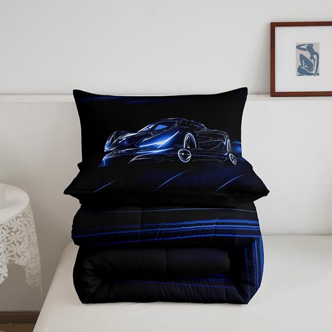 Feelyou Blue Race Car Bedding Set King Size for Kids Boys Extreme Sport Games Comforter Set Teens Toddler Fast and Furious Duvet Set Cool Modern Quilt Set 3Pcs - LeafyLoom