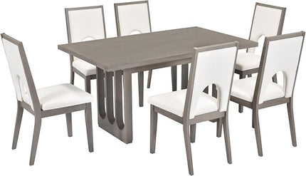 Wood 7-Piece Dining Set for 6, Wooden Rectangular Table and Six Upholstered Chairs for Dinette Room and Kitchen, Grey, 60" L x 36" W x 30" H, Gray+Beige - LeafyLoom