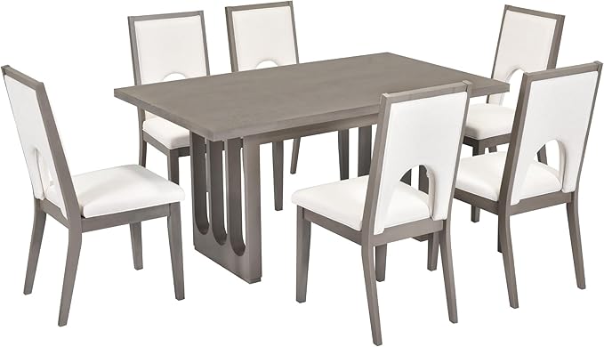 Wood 7-Piece Dining Set for 6, Wooden Rectangular Table and Six Upholstered Chairs for Dinette Room and Kitchen, Grey, 60" L x 36" W x 30" H, Gray+Beige - LeafyLoom