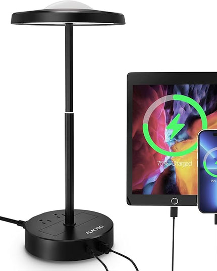 LED Table Lamp Dimmable Desk Lamp Reading Lamp with USB A & Type C Charging Port 2 Prong Outlet Power Touch Control Night Light Retractable for Bedroom, Living Room, Dorm, Study, Home Office - LeafyLoom