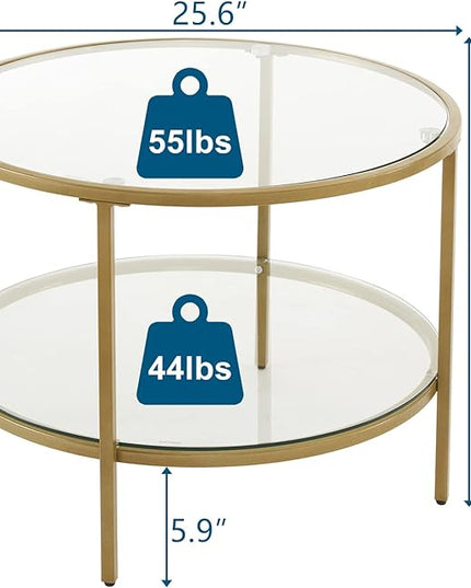 VINGLI Glass Coffee Table, 25.6" Round Champagne Gold Coffee Tables for Living Room, 2-Tier Glass Top Coffee Table with Storage Clear Coffee Table, Simple & Modern Center Table for Small Space - LeafyLoom