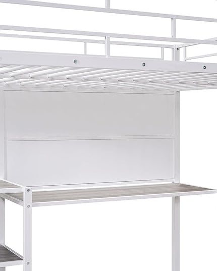 RITSU Full Size Loft Bed, Heavy Duty Metal Bunk Bedframe with Desk and Whiteboard, Safety Guardrail Fence & Ladder, 3 Big Storage Shelves, for Kids, Teens, White - LeafyLoom