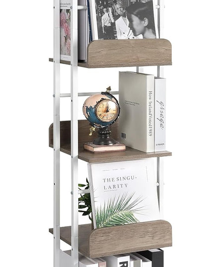 Bikoney Bookshelves 5-Tier, Rotating Bookshelf Tower for Corner, Small Bookcase, Tall Industrial Bookshelf, Narrow Bookshelf, Wood and Metal White - LeafyLoom