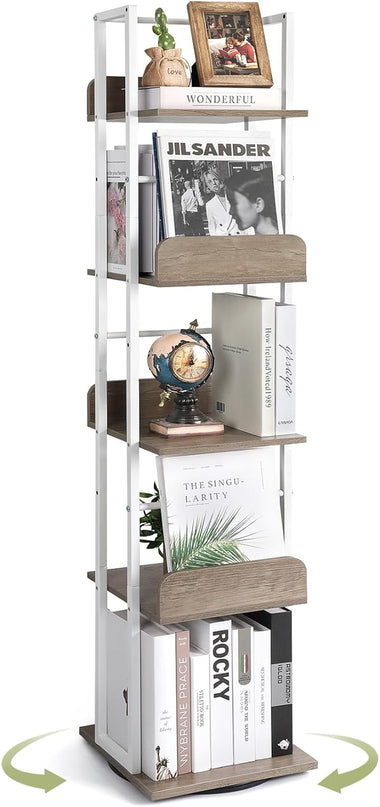 Bikoney Bookshelves 5-Tier, Rotating Bookshelf Tower for Corner, Small Bookcase, Tall Industrial Bookshelf, Narrow Bookshelf, Wood and Metal White - LeafyLoom