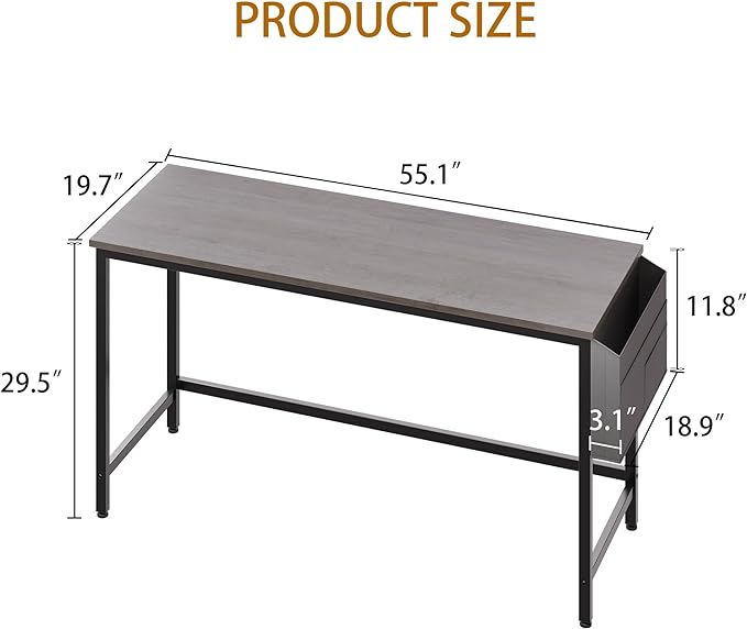 Shintenchi 55 inch Computer Desk with Storage Bag, Study Workstation Modern Simple Design for Home Office, Student Writing Desk, Office Working Desk, Gray - LeafyLoom