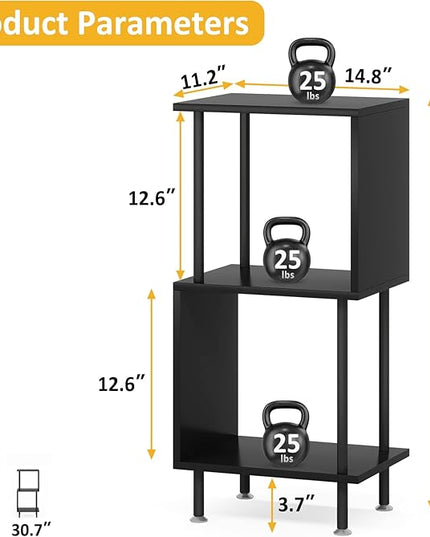3 Tier Modern Bookshelf, S-Shaped Bookcase,Small Book Shelf for Small Spaces, Unique Bookshelf for Storage Organizer Living Room Bedroom Home Office, Black - LeafyLoom