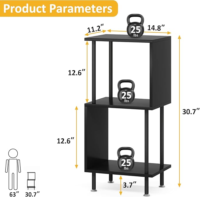 3 Tier Modern Bookshelf, S-Shaped Bookcase,Small Book Shelf for Small Spaces, Unique Bookshelf for Storage Organizer Living Room Bedroom Home Office, Black - LeafyLoom