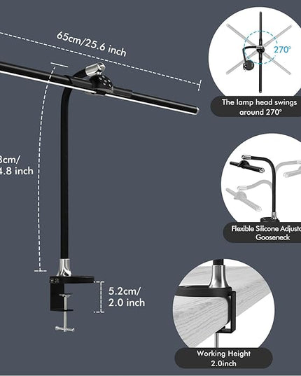 Megainvo LED Desk Lamp with Clamp, 24W Desk Light w/Timer & USB Charging for Home Office, Eye-Care Desk Lamps 5 Color Modes Stepless Dimming Adjustable Table Light for Monitor Work Study Reading - LeafyLoom