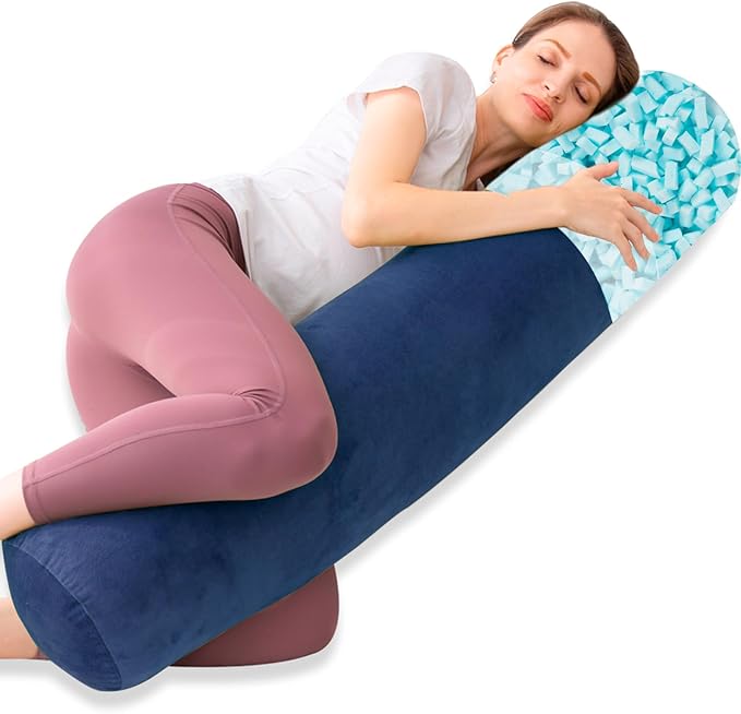 Body Pillow, Memory Foam Round Body Pillows for Adults, Firm Long Bolster Pillow for Bed, Cylinder Tube Roll Pillow with Velvet Cover, 47x7.87 Inches, Navy Blue - LeafyLoom