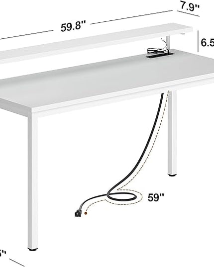 Need 60 inch Computer Desk with LED Lights & Power Outlets, Large Home Desk with Monitor Shelf, Writing Table Gaming Desk Home Office Desk, White - LeafyLoom