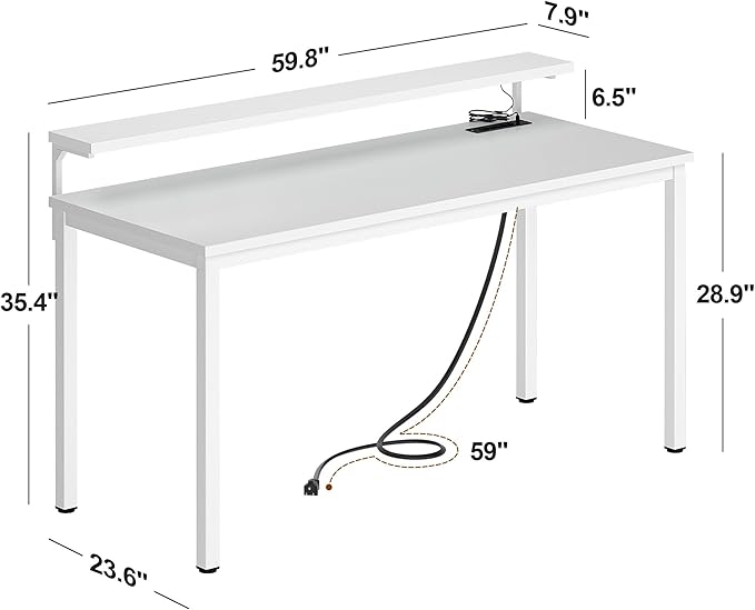 Need 60 inch Computer Desk with LED Lights & Power Outlets, Large Home Desk with Monitor Shelf, Writing Table Gaming Desk Home Office Desk, White - LeafyLoom