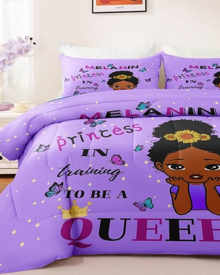 Black Girl Comforter Set Twin for Kids,Black Girl Magic Bedding Set,African American Girl Inspirational Quotes Comforter Set,Black Princess Bed Bedroom Set - LeafyLoom