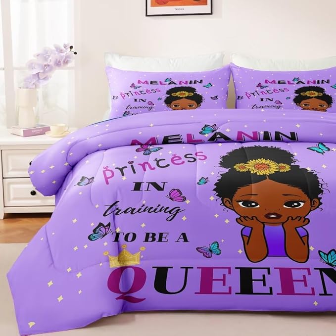 Black Girl Comforter Set Twin for Kids,Black Girl Magic Bedding Set,African American Girl Inspirational Quotes Comforter Set,Black Princess Bed Bedroom Set - LeafyLoom