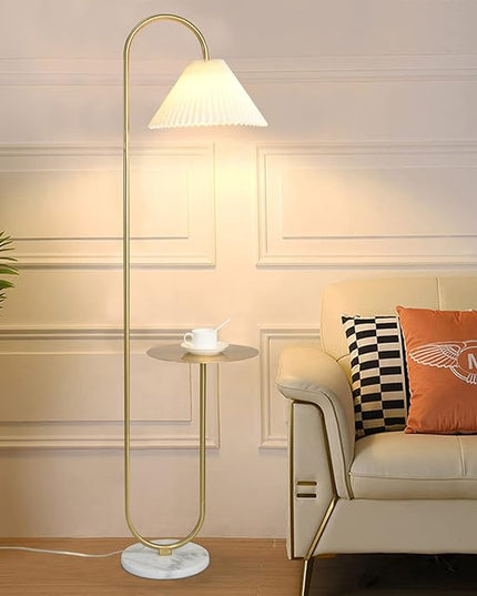 Modern Elegant with Tray Floor Lamp for Office Cafe Den Living Room Bedroom, Foot Switch and Brass/Gold Finish,Light Yellow Pleated Cloth Lampshade - LeafyLoom
