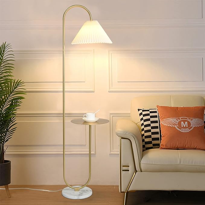Modern Elegant with Tray Floor Lamp for Office Cafe Den Living Room Bedroom, Foot Switch and Brass/Gold Finish,Light Yellow Pleated Cloth Lampshade - LeafyLoom