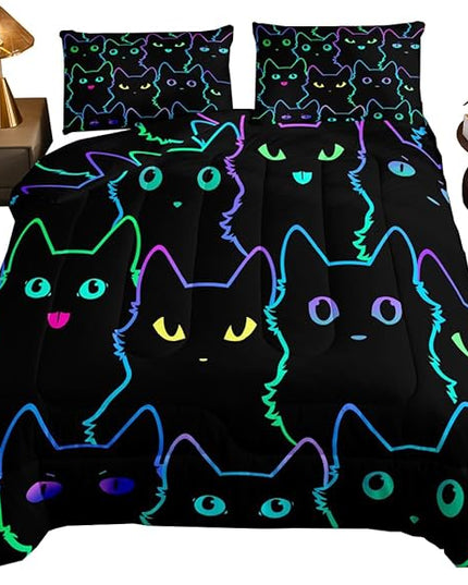 Erosebridal Boys Bedding Cartoon Cat Comforter Set Queen Size,Gradient Line Cute Cat Bedding Set for Kids Teens Girls Adults Room Decor,Lovely Animal Kitten Print Comforter All Season,Rainbow Black - LeafyLoom