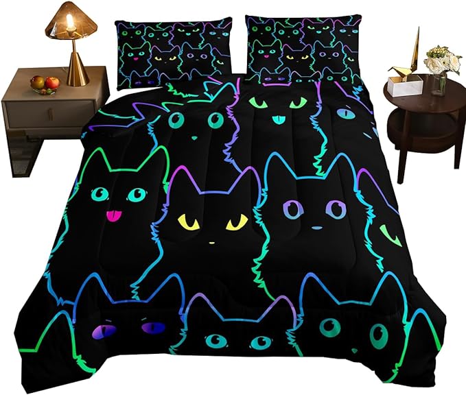 Erosebridal Full Size Bedding Set for Girls Cartoon Cat Comforter Set,Gradient Line Cute Cat Bed Sets for Kids Boys Girls Women Room Decor,Lovely Animal Kitten Print Comforter Soft,Rainbow Black - LeafyLoom