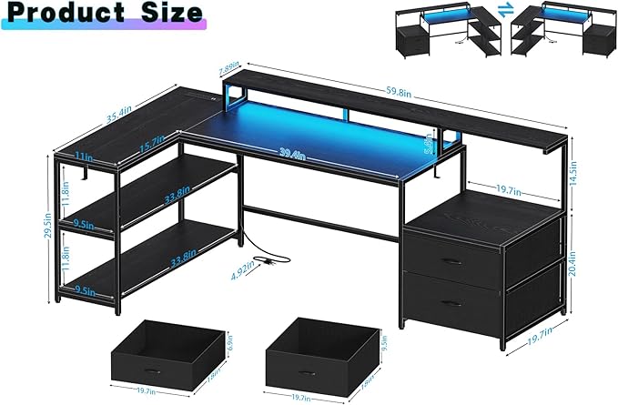 L Shaped Gaming Desk with File Drawes,Computer Desk with Led Lights & Power Outlets, Reversible Office Desk with Shelves Black - LeafyLoom