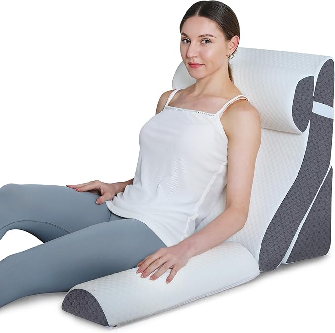 Adjustable 4pcs Bed Wedge Pillow Set, Post Surgery 100% Memory Foam for Back, Neck, Leg Pain Relief, Sitting Pillow for Acid Reflux and GERD, Comfortable Pillows for Sleeping Gray - LeafyLoom