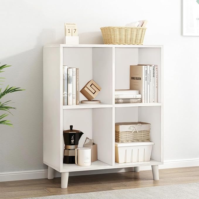 IOTXY Open Cube Low Bookcase - 2-Tier Freestanding Storage Display Cabinet Organizer with Legs for Home Office, 4-Cubes Open Shelf Short Bookshelf, White - LeafyLoom