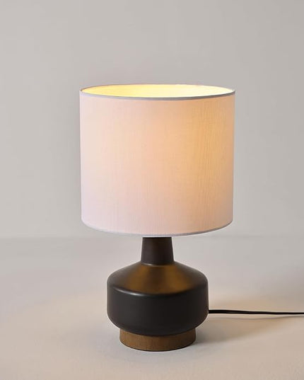 Globe Electric 61000046 15" Ceramic Table Lamp, Matte Black, Wood Toned Base, White Linen Shade, On/Off Rotary Switch on Socket, Living Room, Home Décor, Bedroom - LeafyLoom