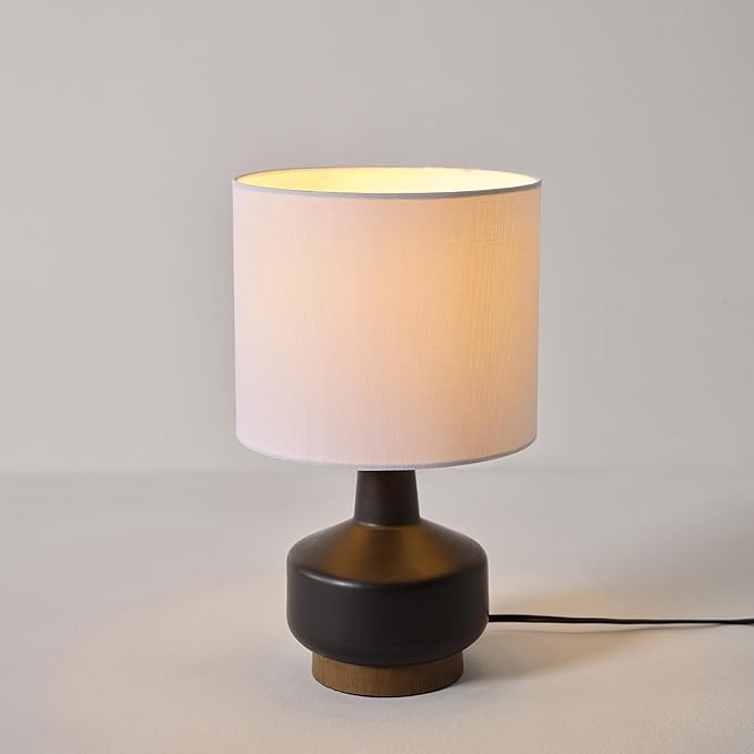 Globe Electric 61000046 15" Ceramic Table Lamp, Matte Black, Wood Toned Base, White Linen Shade, On/Off Rotary Switch on Socket, Living Room, Home Décor, Bedroom - LeafyLoom